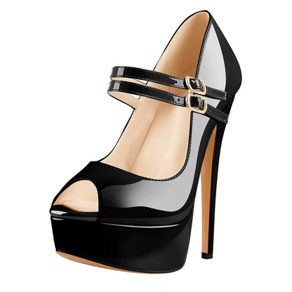 Black Peep Toe Platform Buckle Stiletto Pumps - Onlymaker