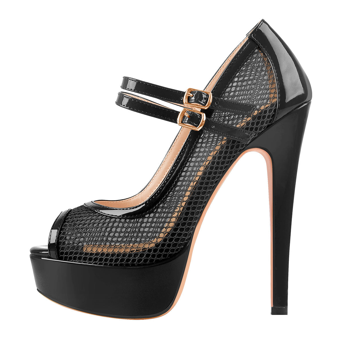 Peep Toe Platform Mesh Buckle Stiletto Pumps - Onlymaker