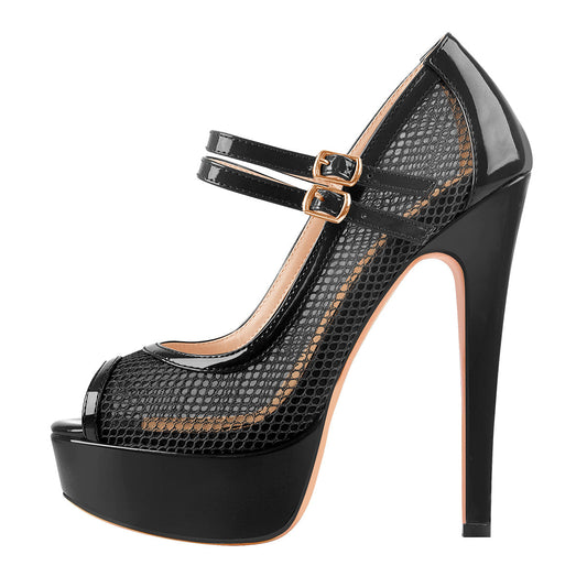 Peep Toe Platform Mesh Buckle Stiletto Pumps - Onlymaker