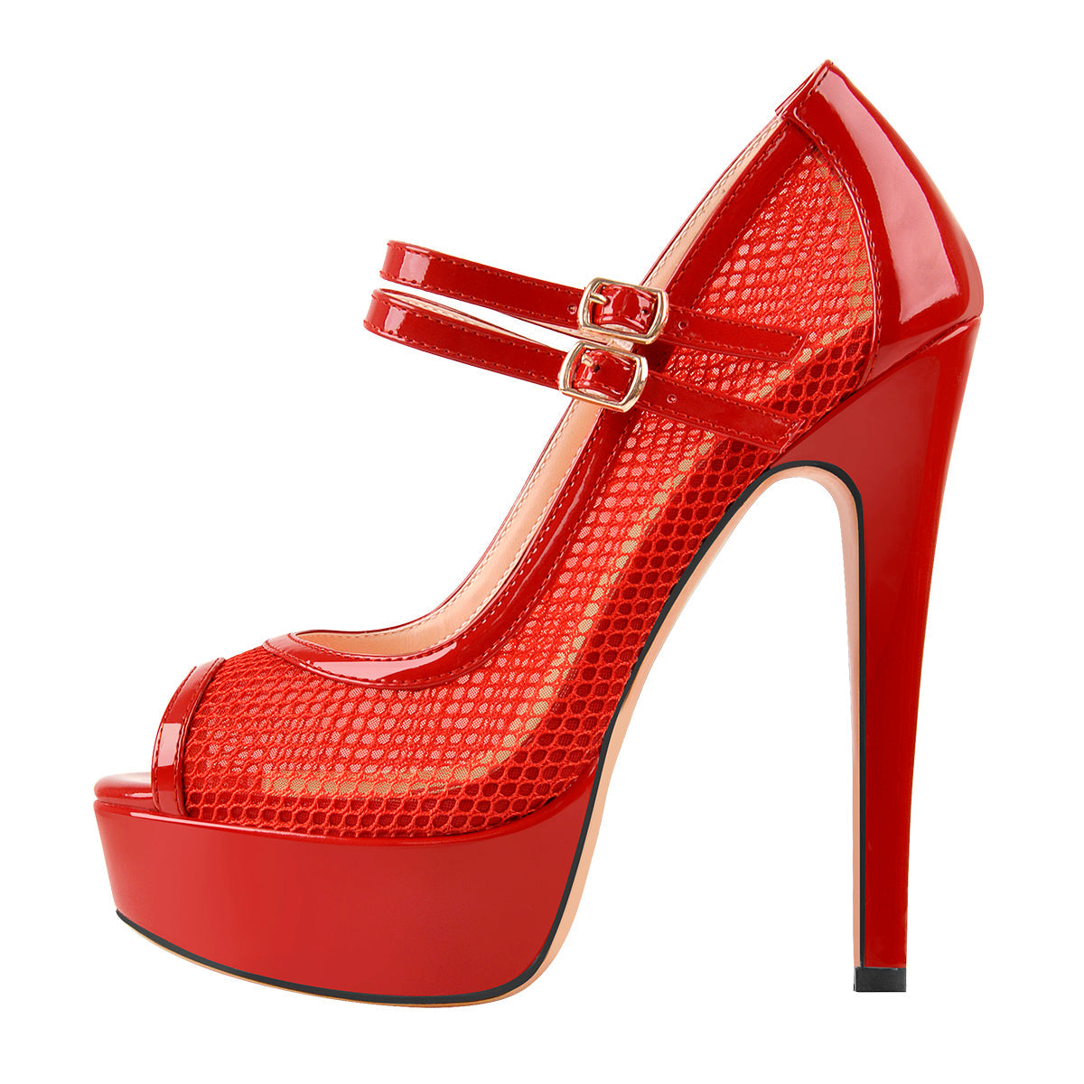 Peep Toe Platform Mesh Buckle Stiletto Pumps - Onlymaker