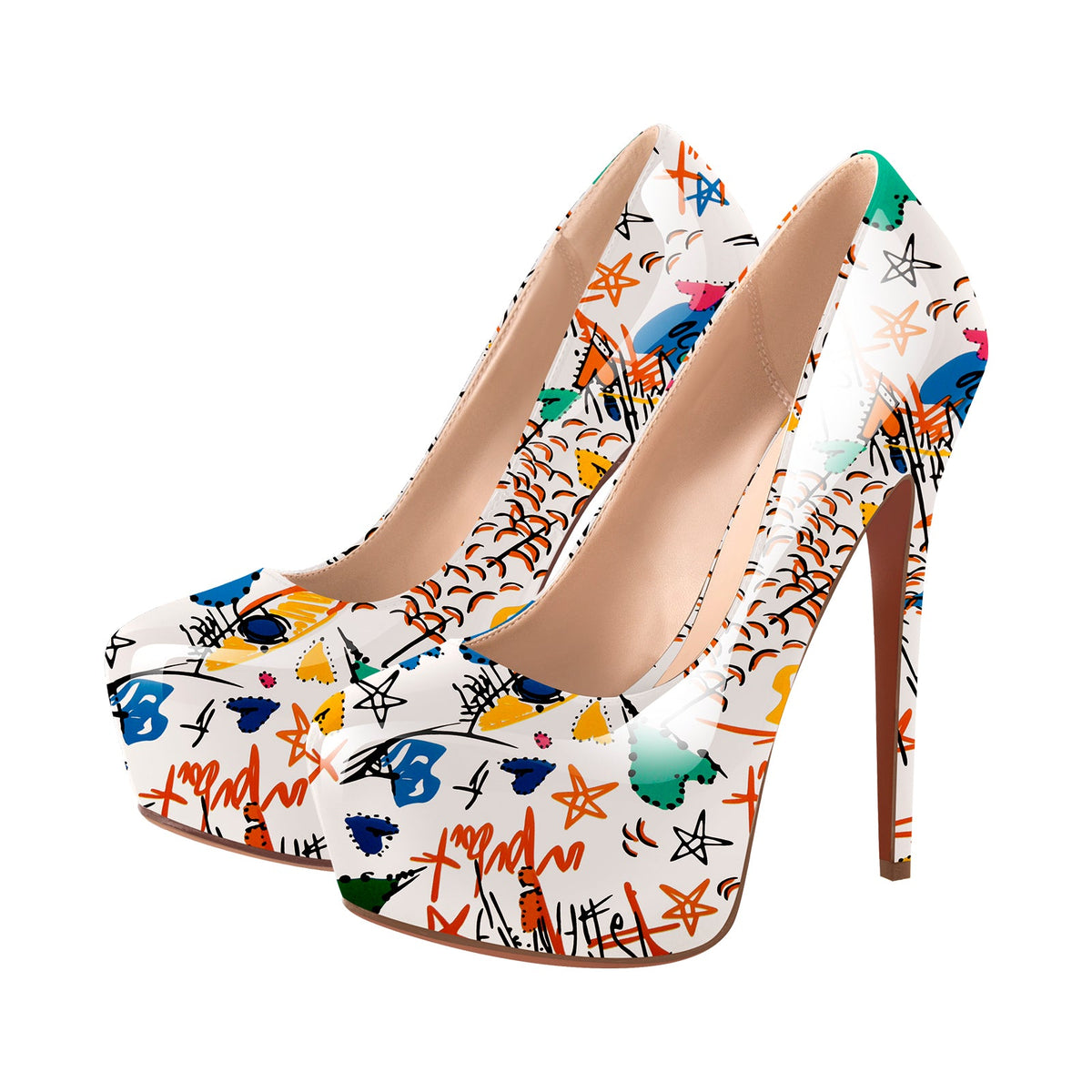 Graffiti Colorful Round Toe Platform Stiletto Pumps - Onlymaker