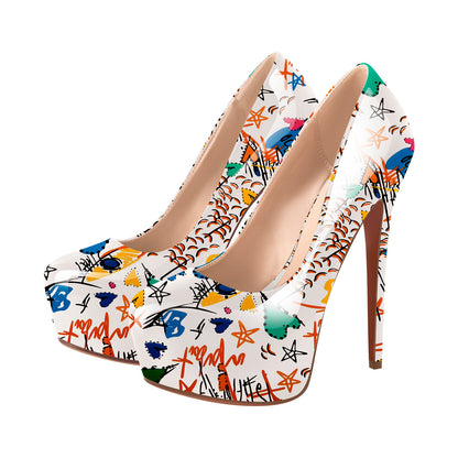 Graffiti Colorful Round Toe Platform Stiletto Pumps - Onlymaker