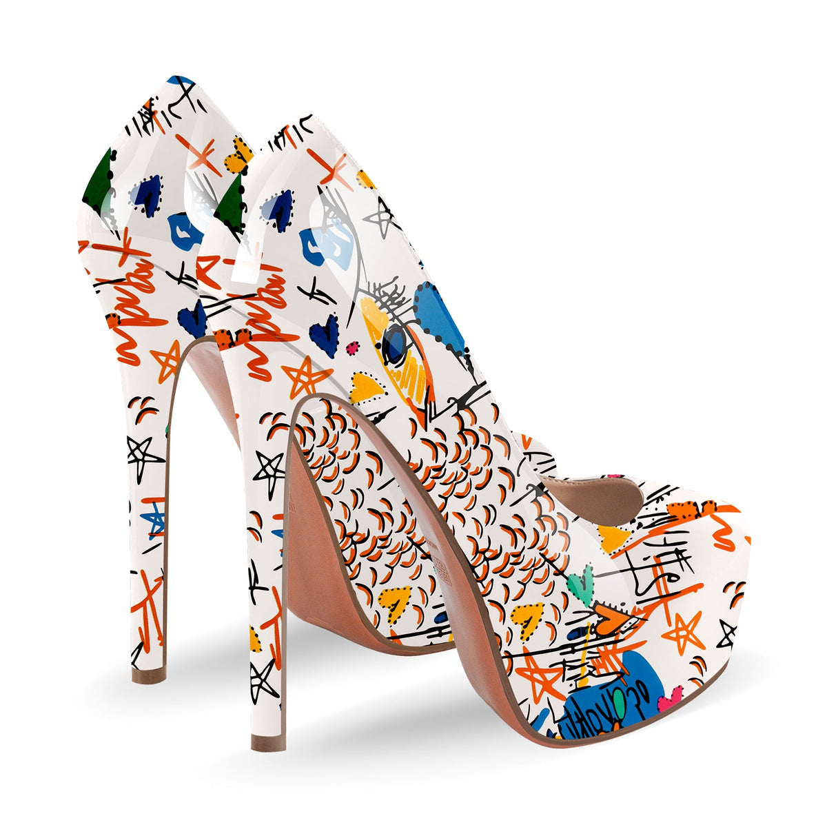 Graffiti Colorful Round Toe Platform Stiletto Pumps - Onlymaker
