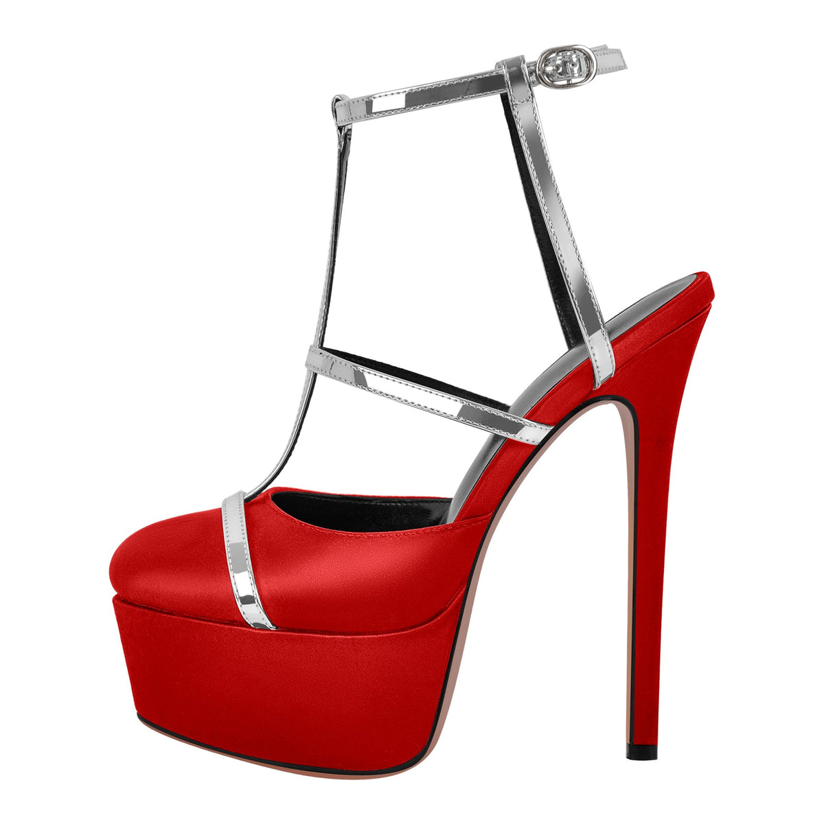 Round Toe T-Strap Platform Stiletto Pumps - Onlymaker