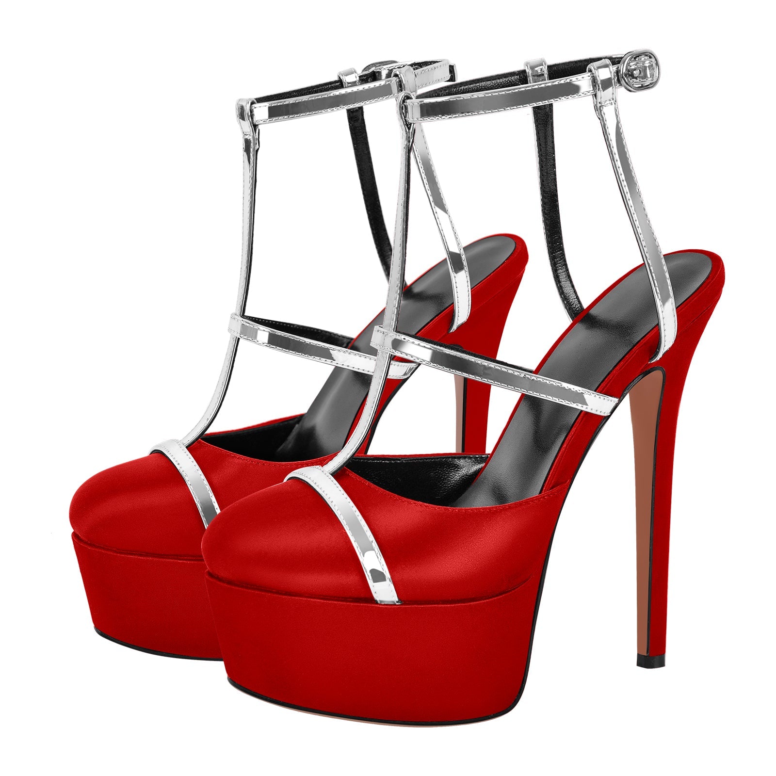 Round Toe T-Strap Platform Stiletto Pumps - Onlymaker