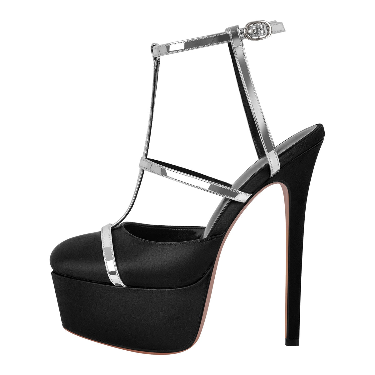 Round Toe T-Strap Platform Stiletto Pumps - Onlymaker