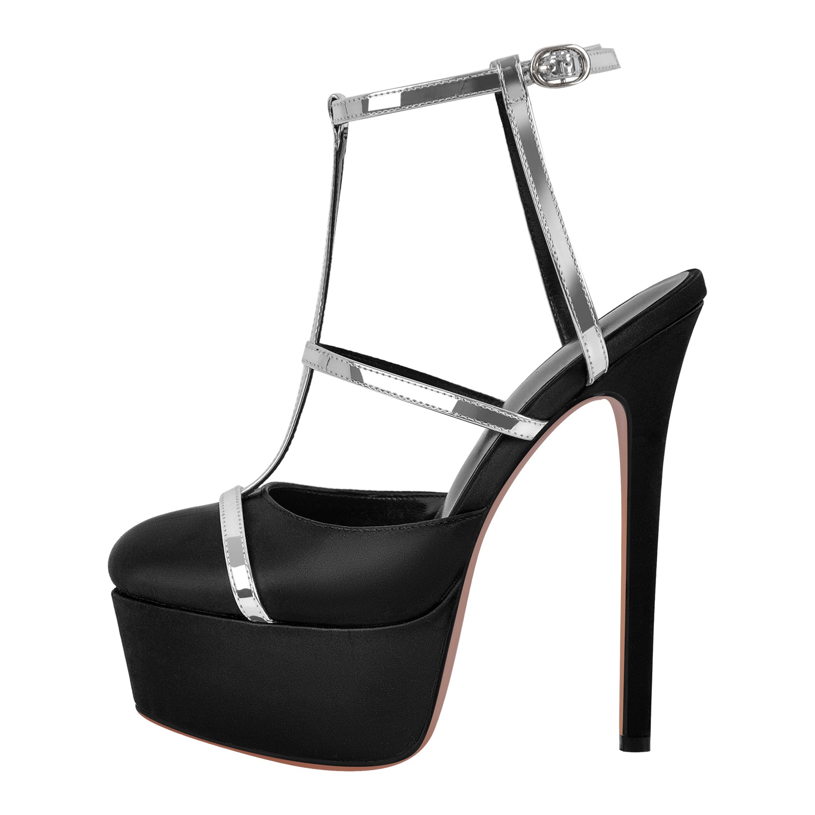 Round Toe T-Strap Platform Stiletto Pumps - Onlymaker