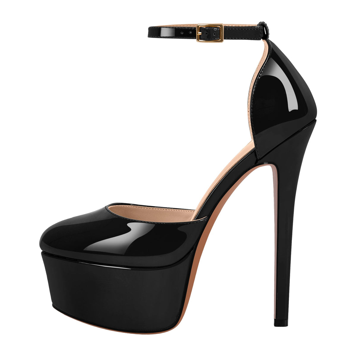 Round Toe Platform Ankle Strap Stiletto Pumps - Onlymaker