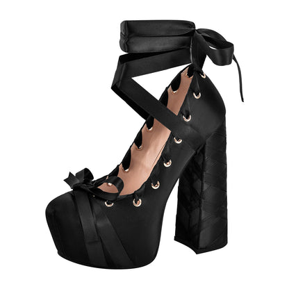 Bow Lolita Platform Lace-up Chunky Heel Pumps - Onlymaker
