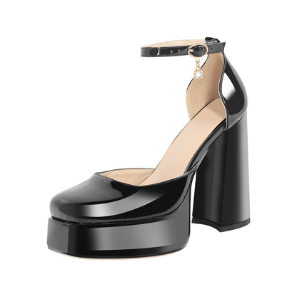 Square Toe Ankle Straps Platform Chunky Heel Pumps - Onlymaker