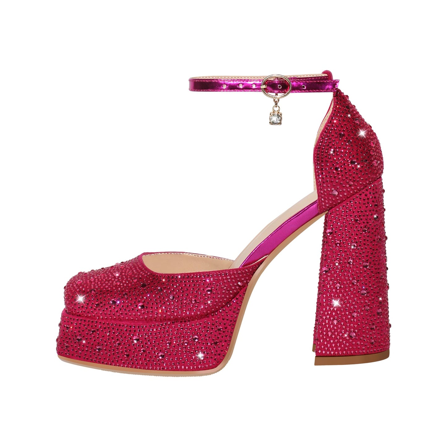 Chunky Heel Platform Rhinestone Ankle Straps Pumps - Onlymaker