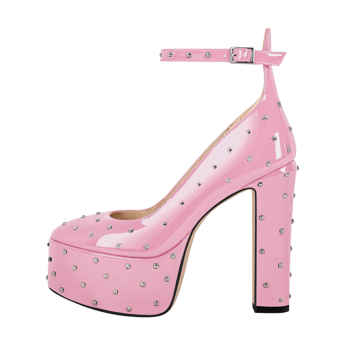 Rivet Platform Chunky Heel Ankle Strap Pumps - Onlymaker
