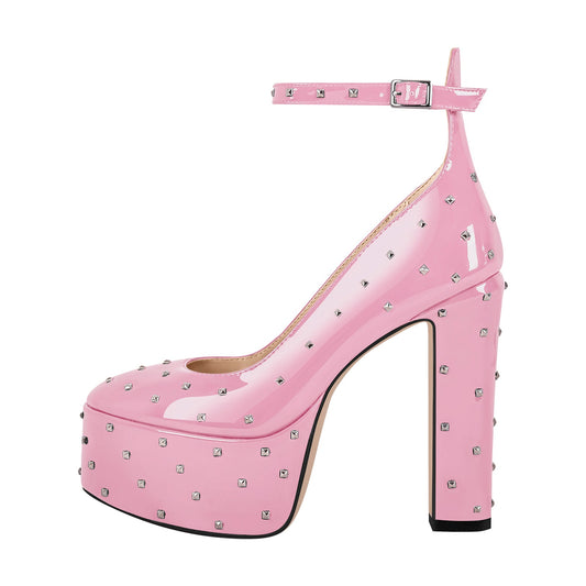 Rivet Platform Chunky Heel Ankle Strap Pumps - Onlymaker