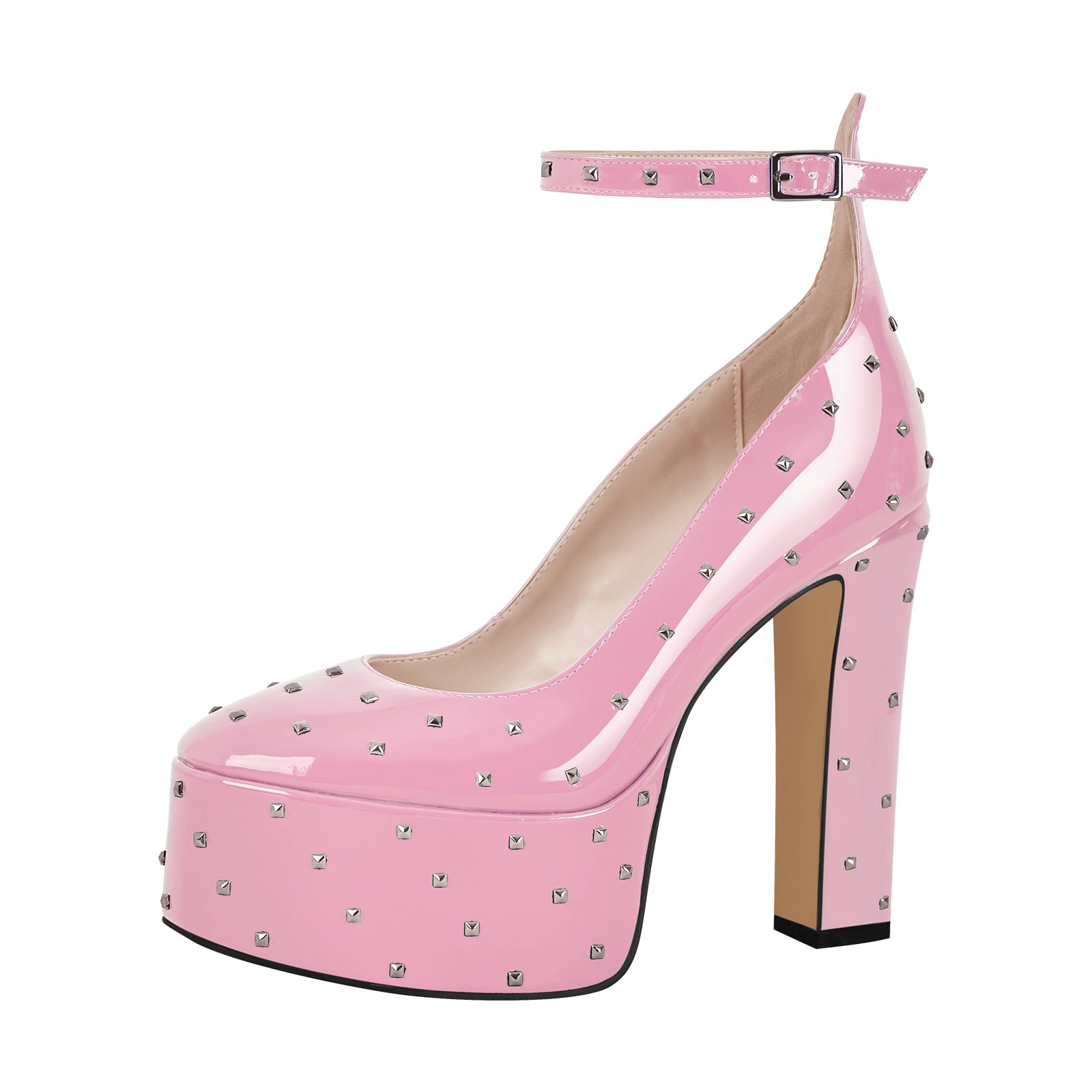 Rivet Platform Chunky Heel Ankle Strap Pumps - Onlymaker