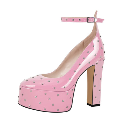Rivet Platform Chunky Heel Ankle Strap Pumps - Onlymaker