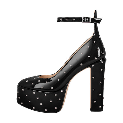 Rivet Platform Chunky Heel Ankle Strap Pumps - Onlymaker