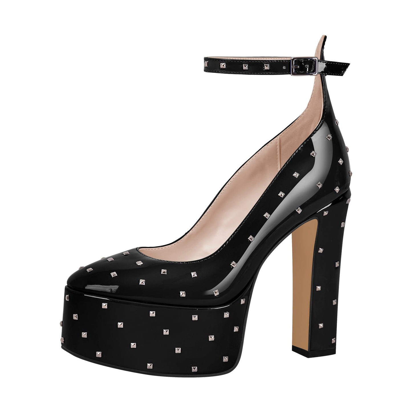 Rivet Platform Chunky Heel Ankle Strap Pumps - Onlymaker