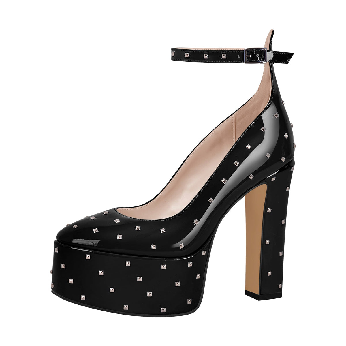 Rivet Platform Chunky Heel Ankle Strap Pumps - Onlymaker