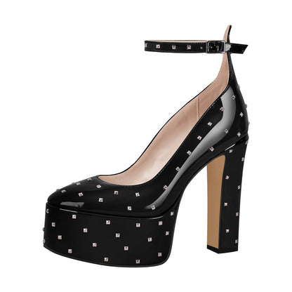 Rivet Platform Chunky Heel Ankle Strap Pumps - Onlymaker