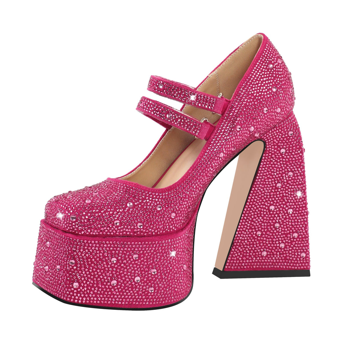Platform Rhinestone Chunky Heel Mary Jane Pumps - Onlymaker