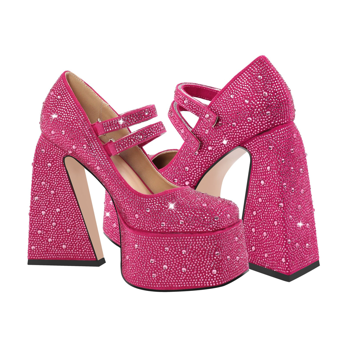 Platform Rhinestone Chunky Heel Mary Jane Pumps - Onlymaker