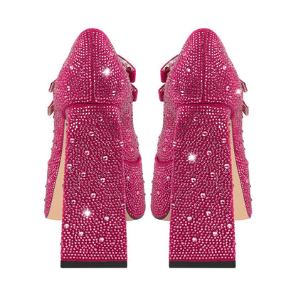 Platform Rhinestone Chunky Heel Mary Jane Pumps - Onlymaker