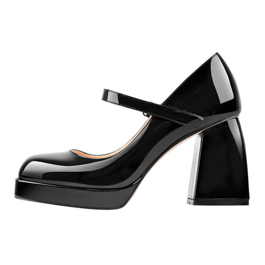 Mary Jane Square Platform Chunky Heels Pumps - Onlymaker