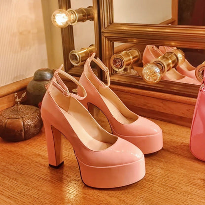 Platform Chunky Heel Ankle Strap Pink Pumps - Onlymaker
