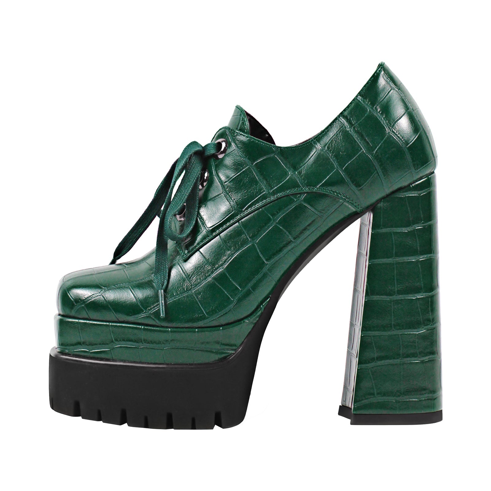 Double Platform Leather Patterned Lace Up Pumps - Onlymaker