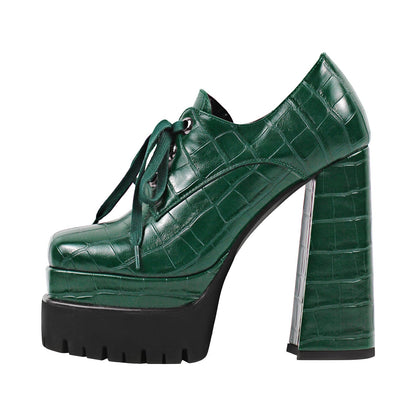 Double Platform Leather Patterned Lace Up Pumps - Onlymaker
