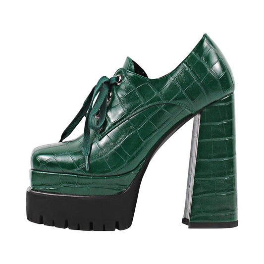 Double Platform Leather Patterned Lace Up Pumps - Onlymaker