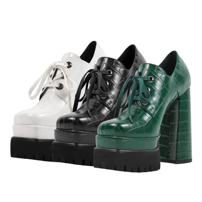 Double Platform Leather Patterned Lace Up Pumps - Onlymaker