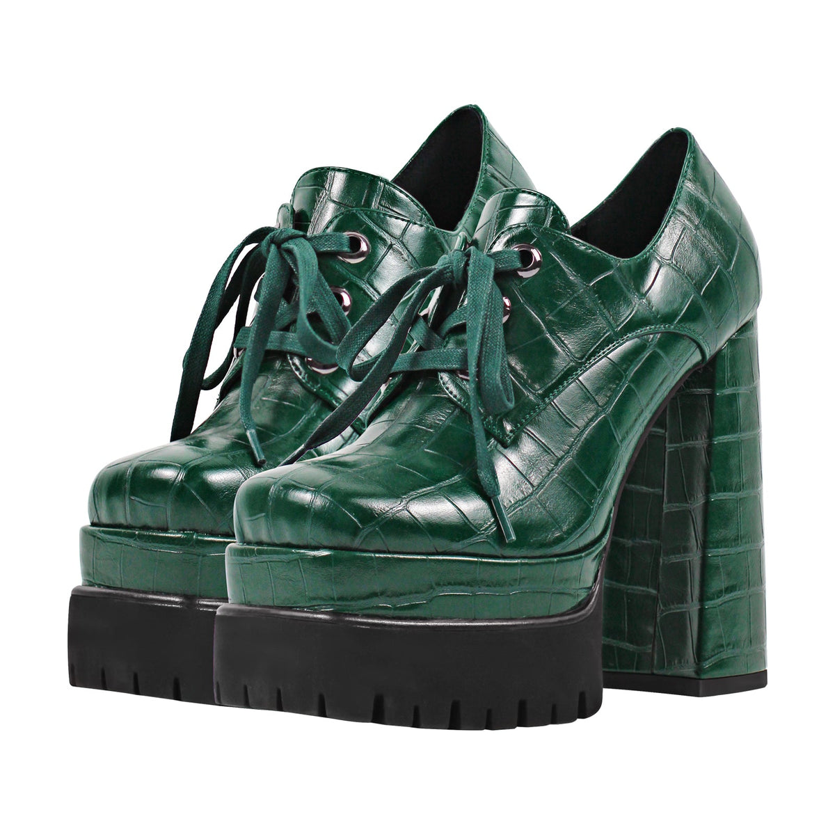Double Platform Leather Patterned Lace Up Pumps - Onlymaker