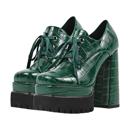 Double Platform Leather Patterned Lace Up Pumps - Onlymaker