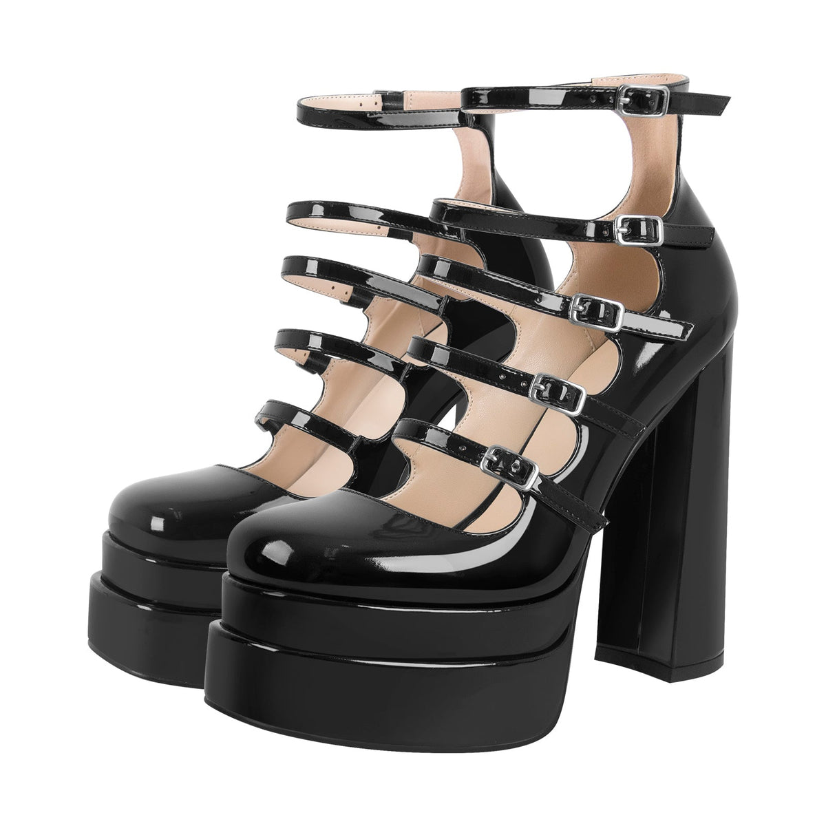 Double Platform Square Toe Chunky Heel Pumps - Onlymaker