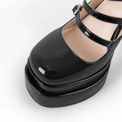 Double Platform Square Toe Chunky Heel Pumps - Onlymaker