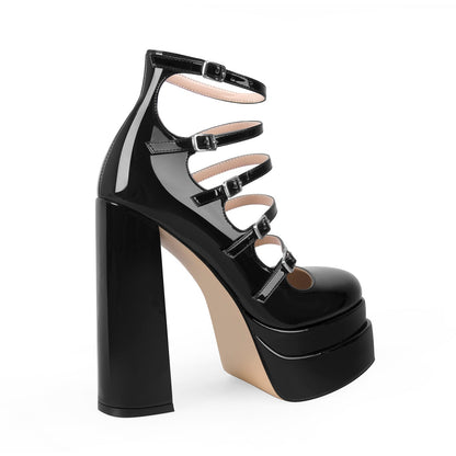 Double Platform Square Toe Chunky Heel Pumps - Onlymaker