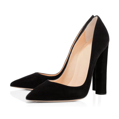 Black Pointed toe Chunky Heels Basic Pumps - Onlymaker