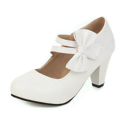 Bow Round Toe Mary Jane Chunky Heel Pumps - Onlymaker