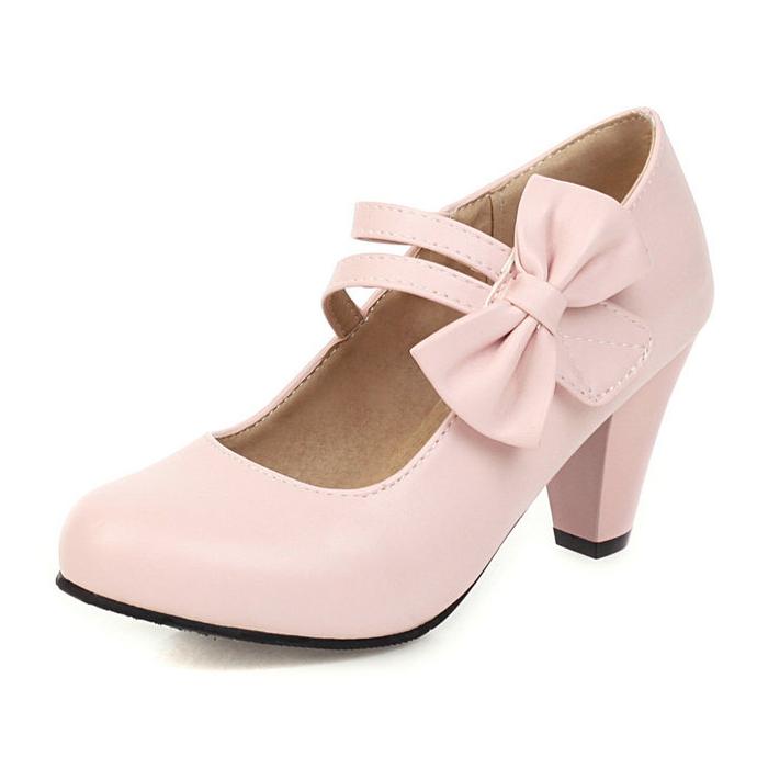 Bow Round Toe Mary Jane Chunky Heel Pumps - Onlymaker