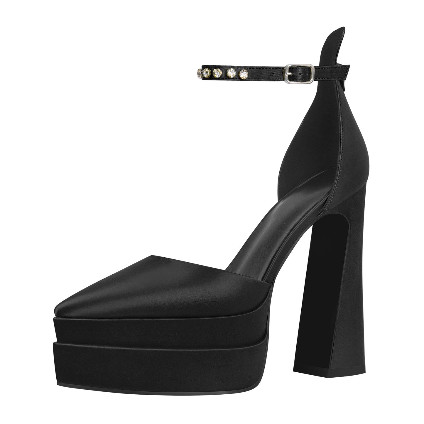 Double Platform Pointed Toe Chunky Heel Pumps - Onlymaker