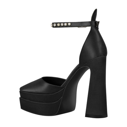 Double Platform Pointed Toe Chunky Heel Pumps - Onlymaker