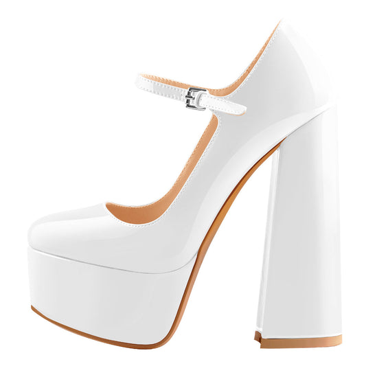 Platform Round Toe Chunky Square High Heels Pumps - Onlymaker