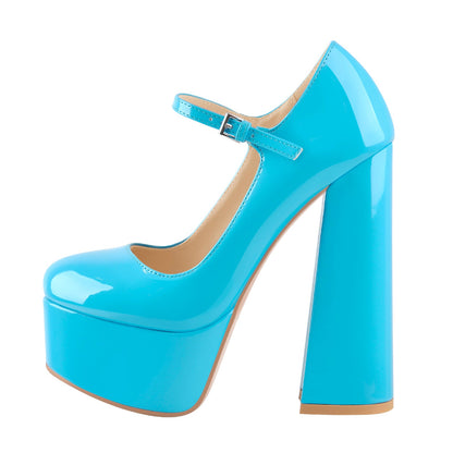 Platform Round Toe Chunky Square High Heels Pumps - Onlymaker