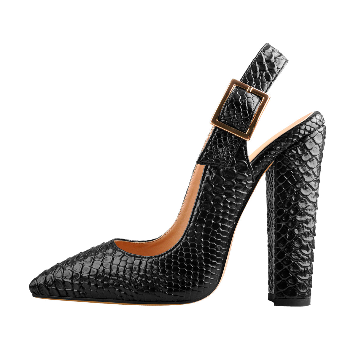 Slingback Pointed Toe Fish Scale Chunky Heel Pumps - Onlymaker