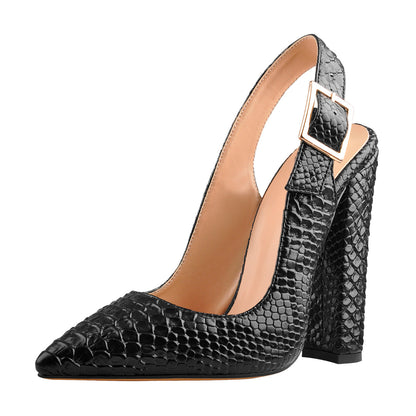 Slingback Pointed Toe Fish Scale Chunky Heel Pumps - Onlymaker