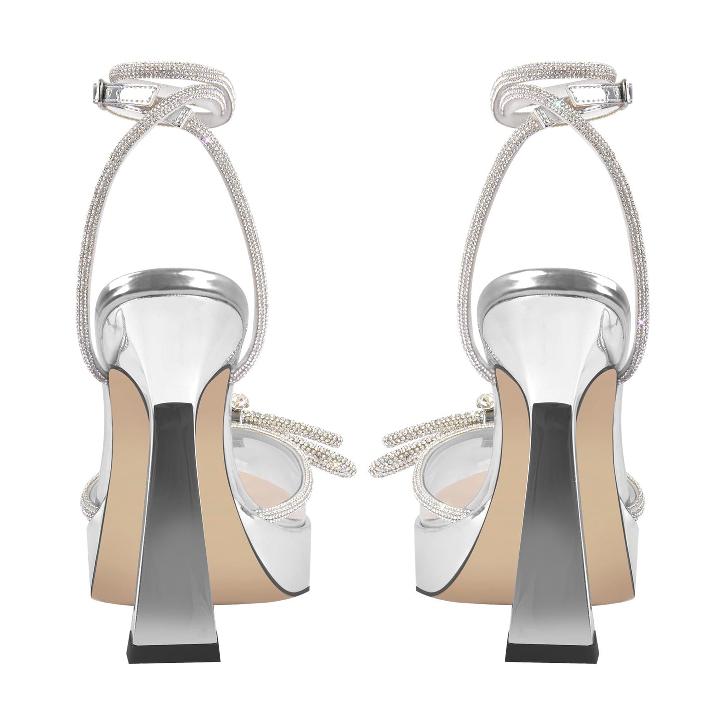 Pointed Toe Platform Rhinestone Bow Block Heel Pumps - Onlymaker