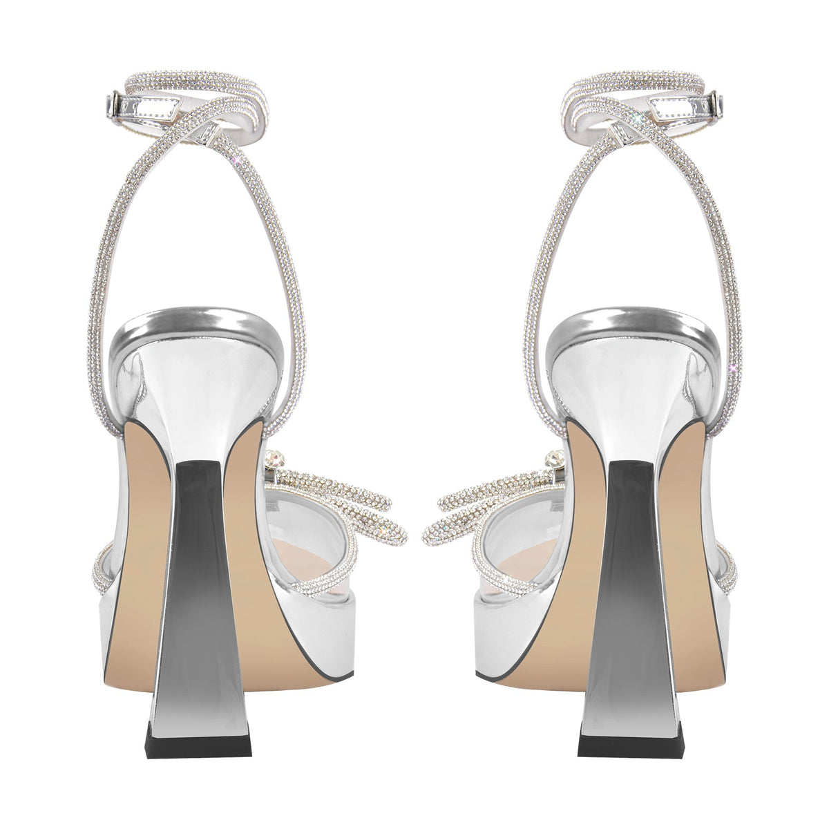 Pointed Toe Platform Rhinestone Bow Block Heel Pumps - Onlymaker