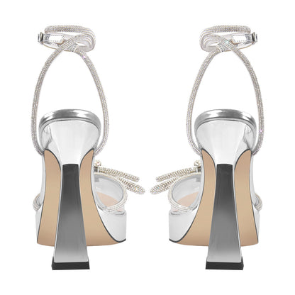 Pointed Toe Platform Rhinestone Bow Block Heel Pumps - Onlymaker