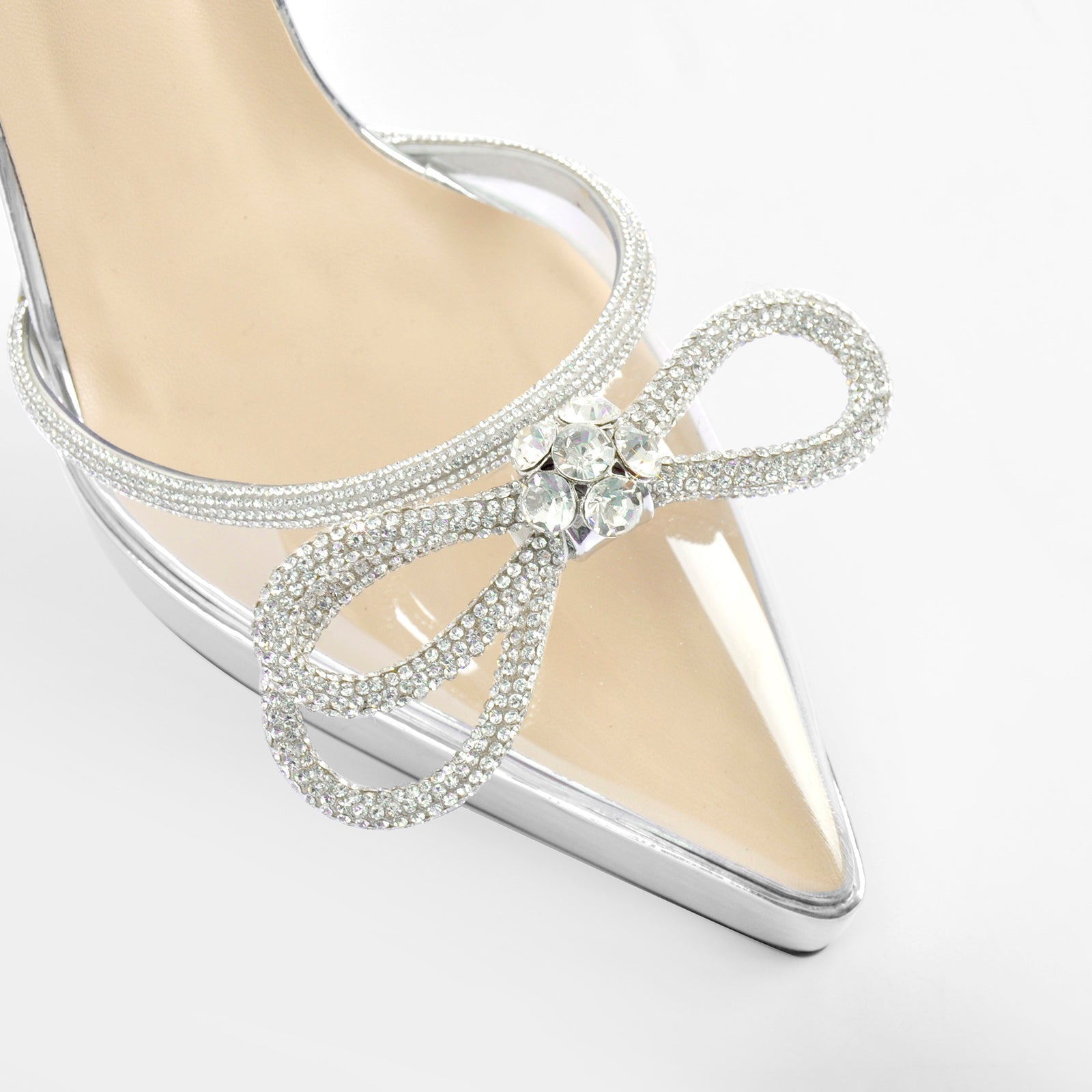 Pointed Toe Platform Rhinestone Bow Block Heel Pumps - Onlymaker